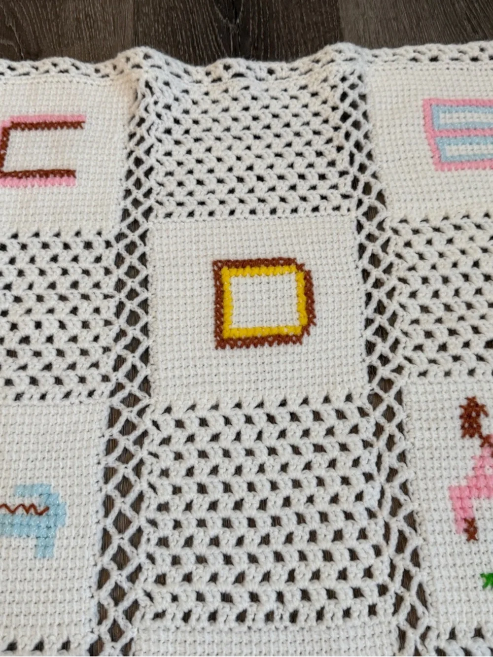 Vintage Crochet Granny Square Baby Blanket ABC 123 Letters & Numbers Nursery